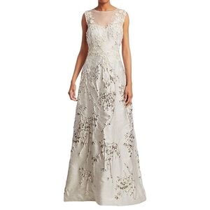New! Teri‎ Jon by Rickie Freeman Metallic Floral Embroidered & Appliqué Gown
